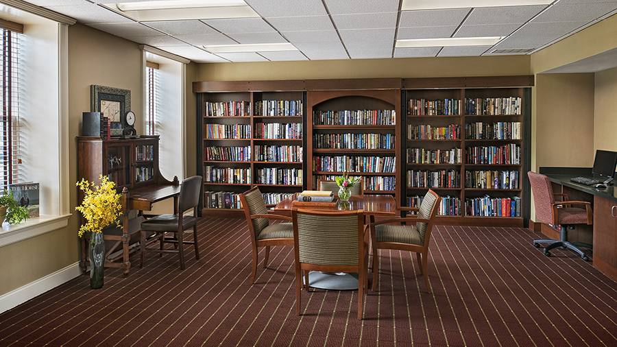 Library and computer lab at American House Keene senior living community in Keene, NH