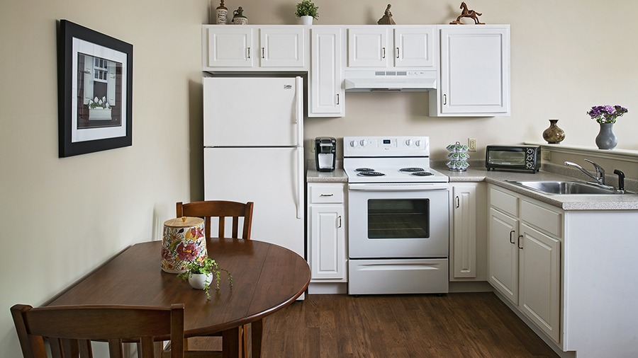 Model kitchen at American House Keene senior living community in Keene, NH