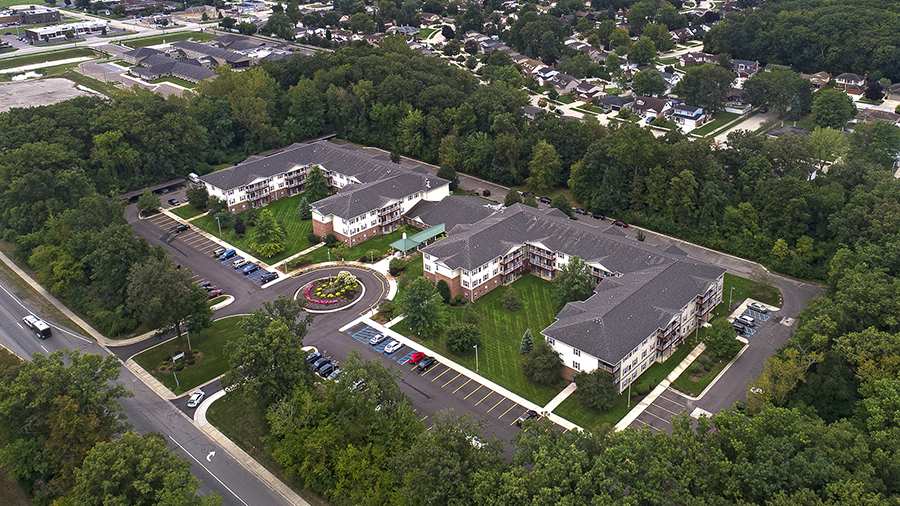 Aerial overhead view of American House Riverview Senior Living Facility