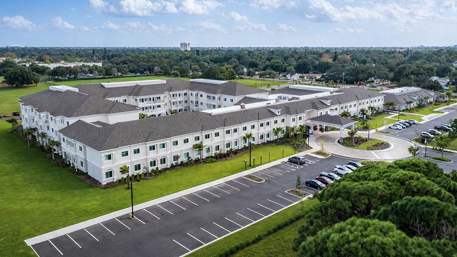 Aerial view of American House St. Petersburg Independent Living, Assisted Living, and Memory Care senior living facility in St. Petersburg, FL