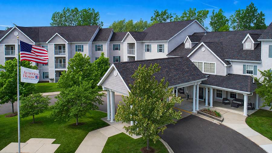Aerial view of front entrance at American House Troy, a Senior Living Community in Troy, MI