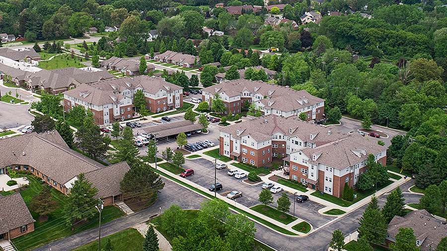 Aerial view of American House Village of Rochester Senior Living Community in Rochester Hills, MI