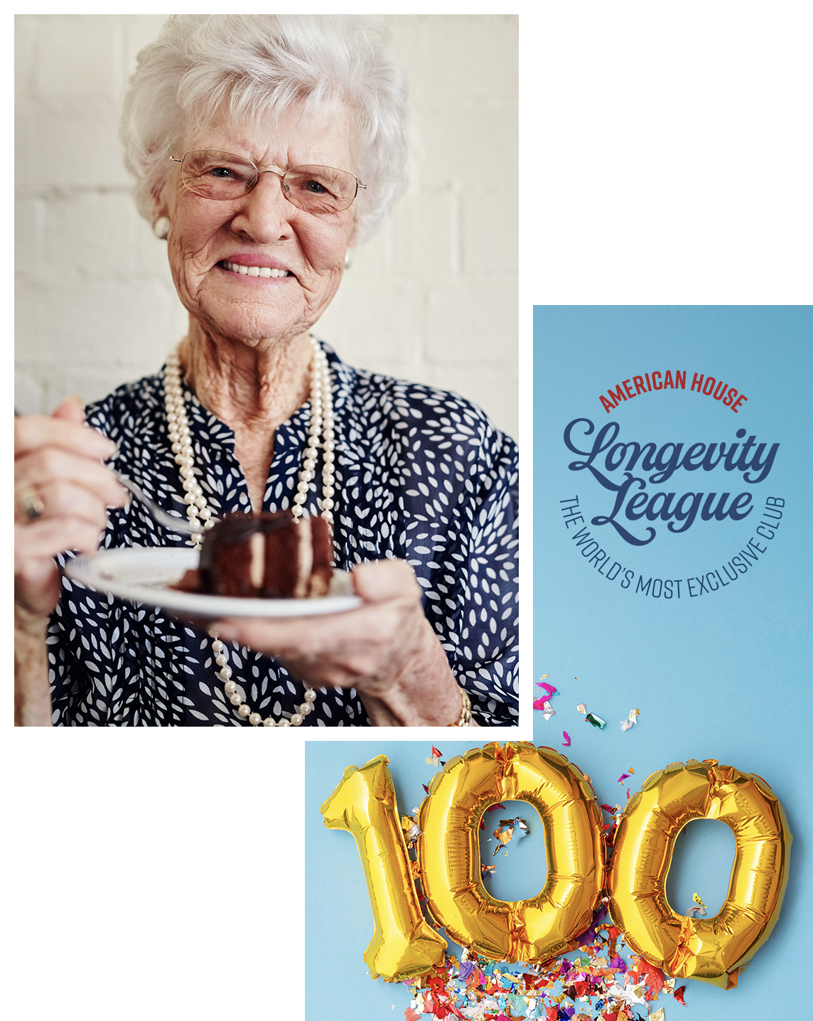 senior citizen with cake baloons that make 100 american house longevity league logo