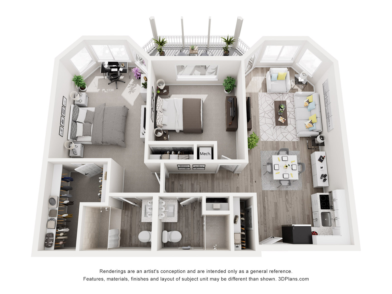 Floor Plan of Assisted Living or Independent Living 2 Bedroom Apartment with Balcony at American House The Palms