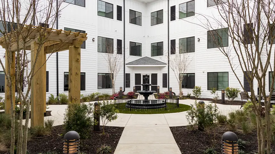 Fountain and Back Patio at American House Myrtle Beach Assisted Living and Memory Care Facility
