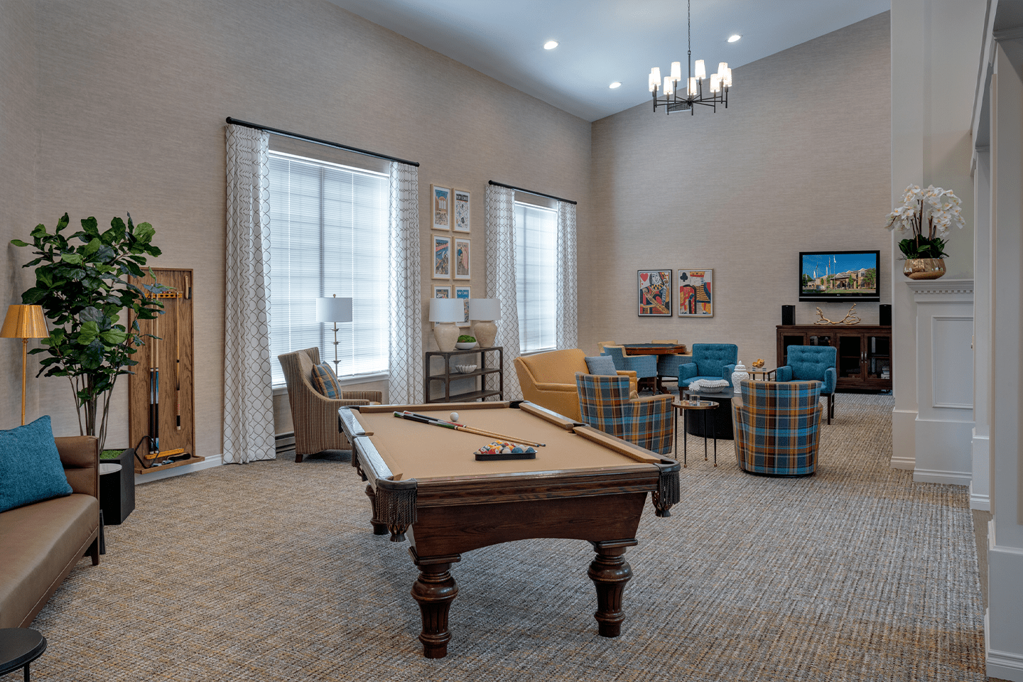 Billiards lounge at American House Park Place senior living facility in Warren, MI adsf
