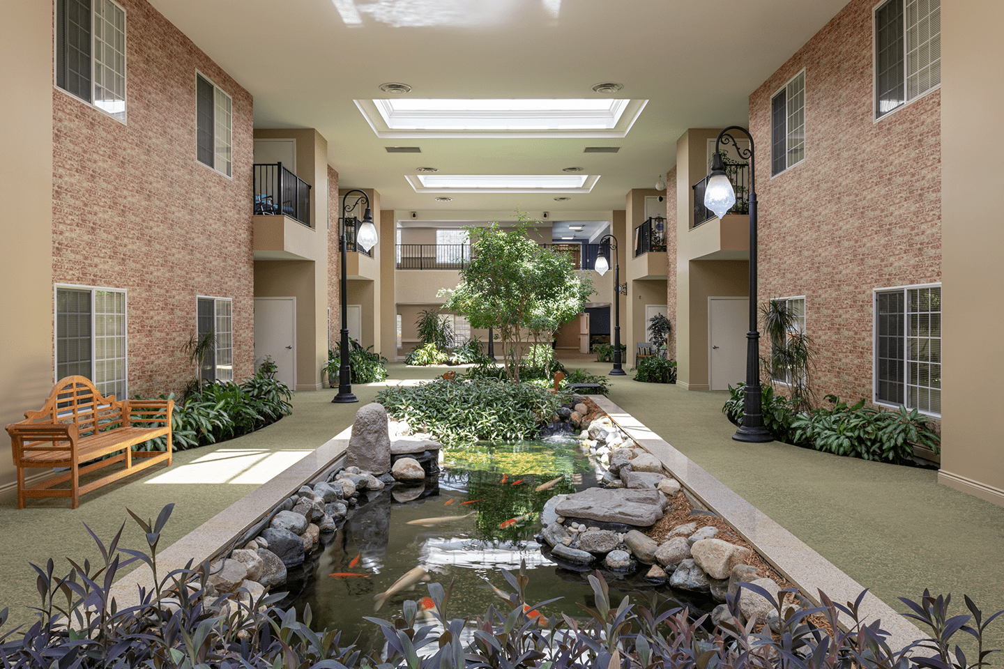 Koi pond at American House Park Place senior living facility in Warren, MI
