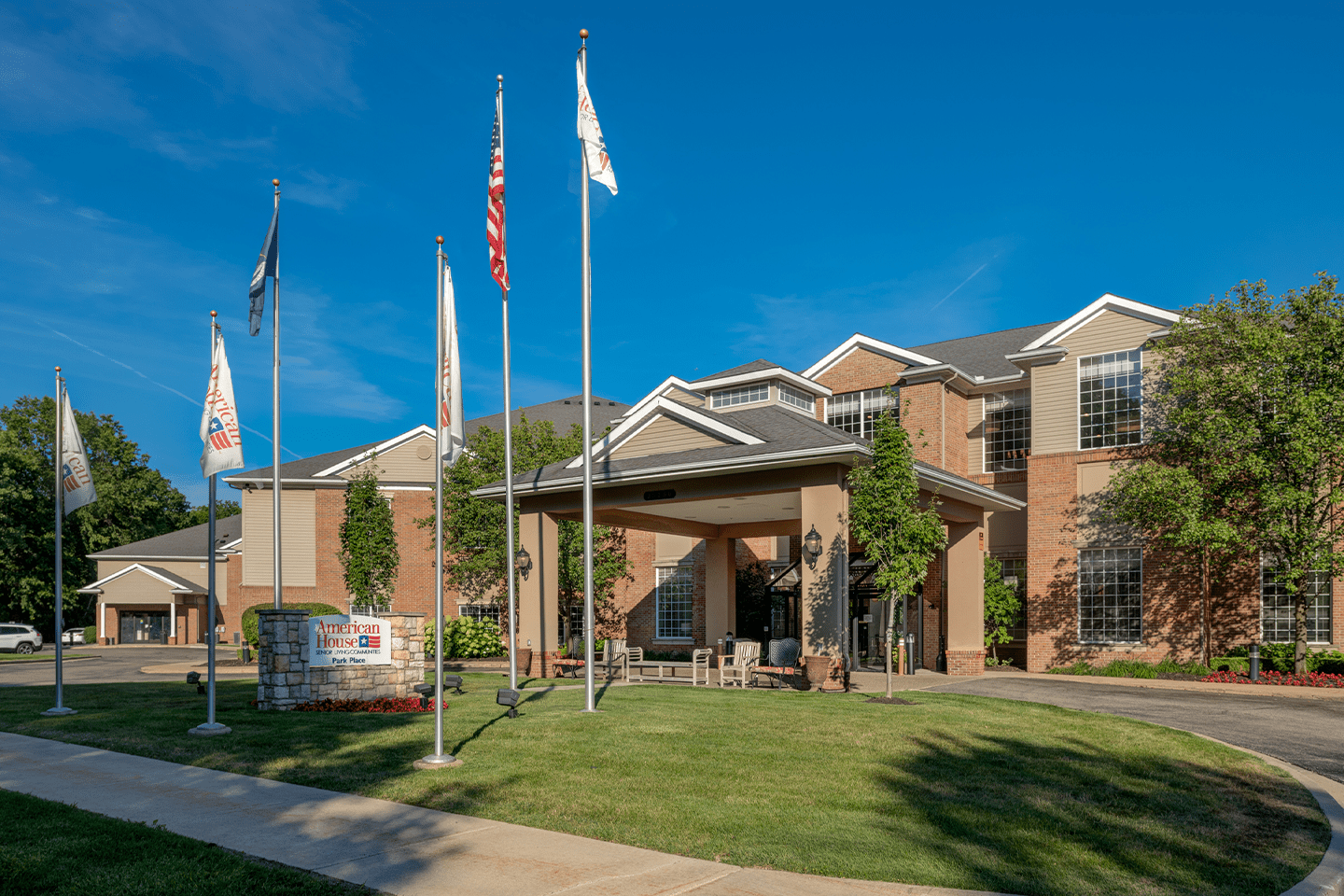 Front entrance of American House Park Place senior living facility in Warren, MI