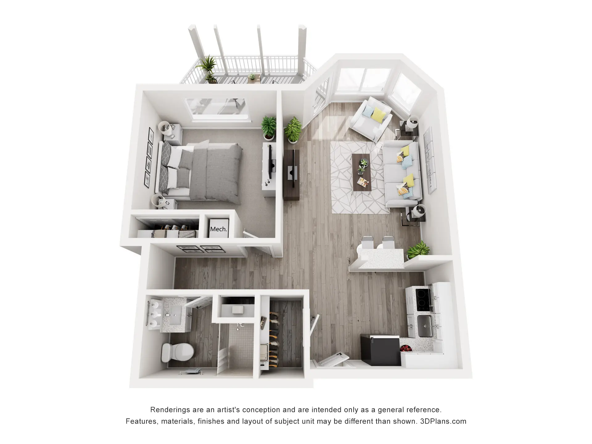 Floor Plan at American House The Palms Assisted Living or Independent Living  apartment with one bedroom, one bathroom and balcony.