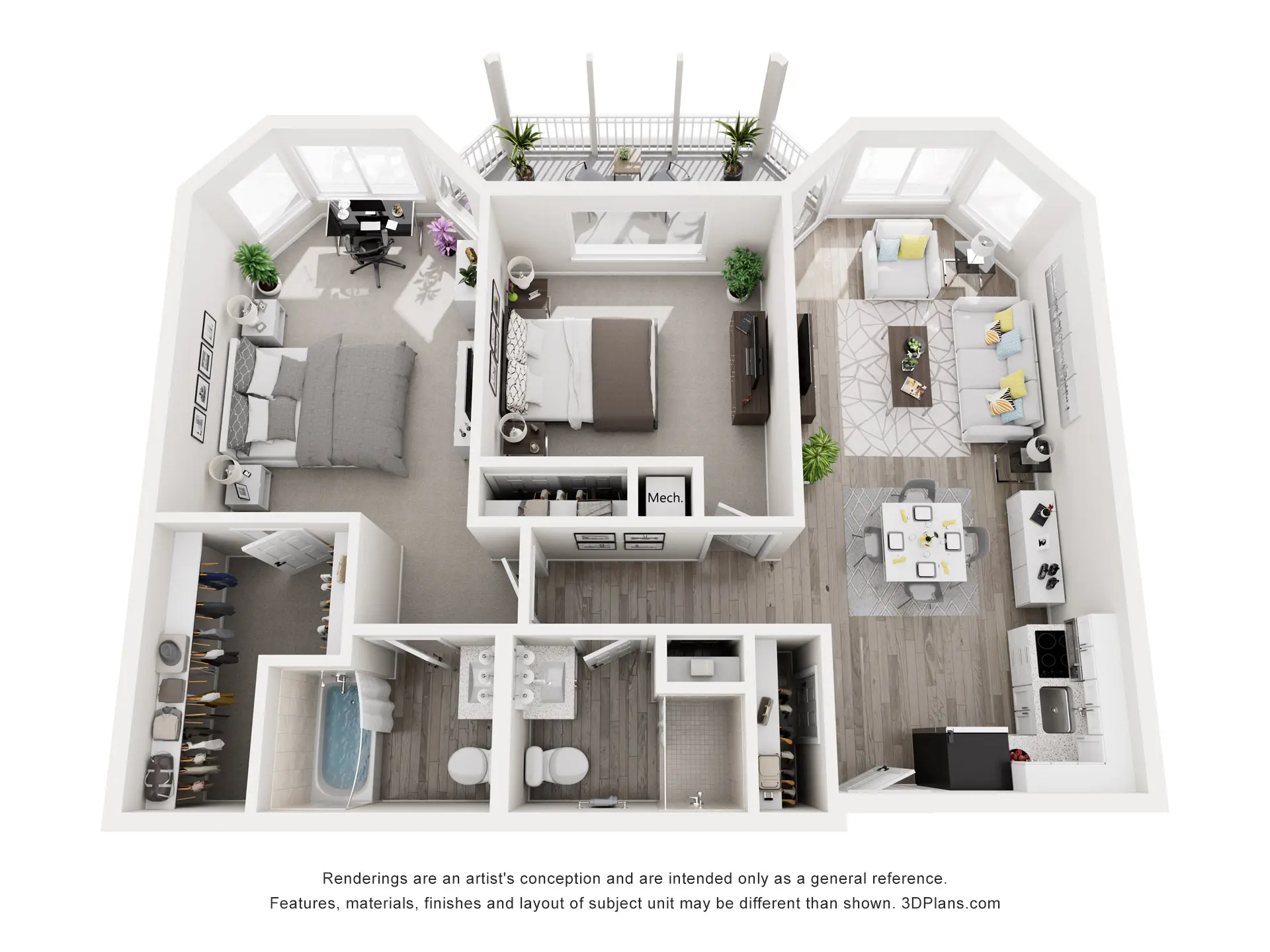 Floor Plan of Assisted Living or Independent Living 2 Bedroom Apartment with Balcony at American House The Palms
