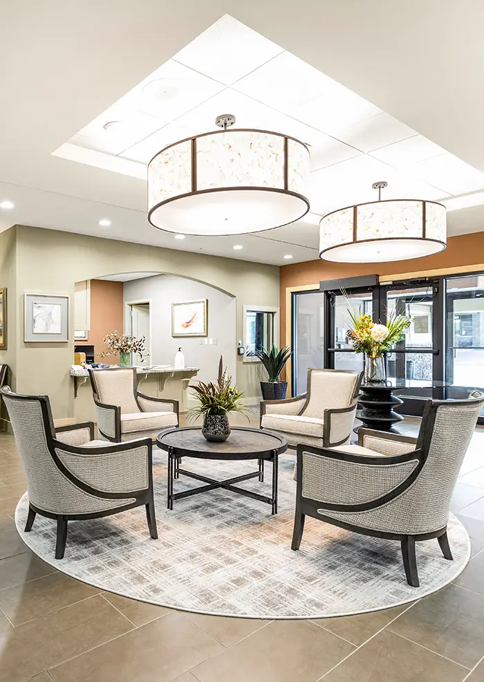 Seating area in front lobby at American House St. Anthony's Independent Living, Assisted Living, and Memory Care senior living facility in Kansa City, MO